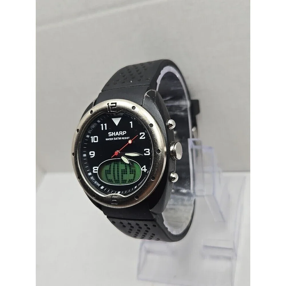 Sharp Analog Digital Quartz Sport Watch 5 ATM Black Rubber Band New Battery Mens
